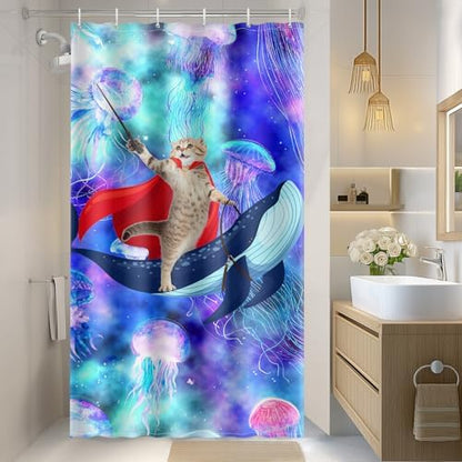 Aimego Stall Small Shower Curtain - Funny Cute Cat Riding Whale on Fantasy Space Galaxy Jellyfish Narrow Half Fabric Cloth Shower Curtain Set for Kids Bathroom Decor Bath Curtain, 36"x72"