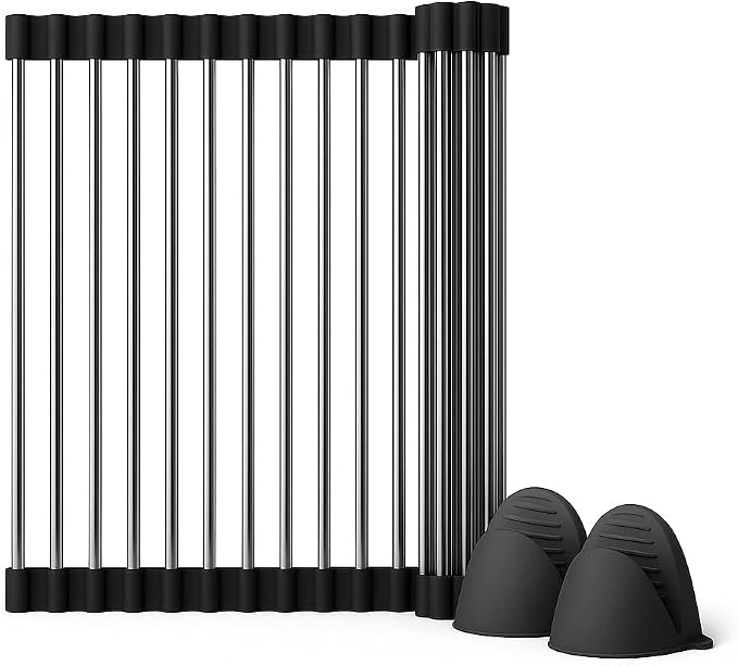 Over Sink Dish Dryng Rack - Roll Up Stainless Stell & Silicone Drying mat, Heat Resistant, Non-Slip & Foldable, Space Saving Kitchen Organizer (17.3"x 15.7")(Black)