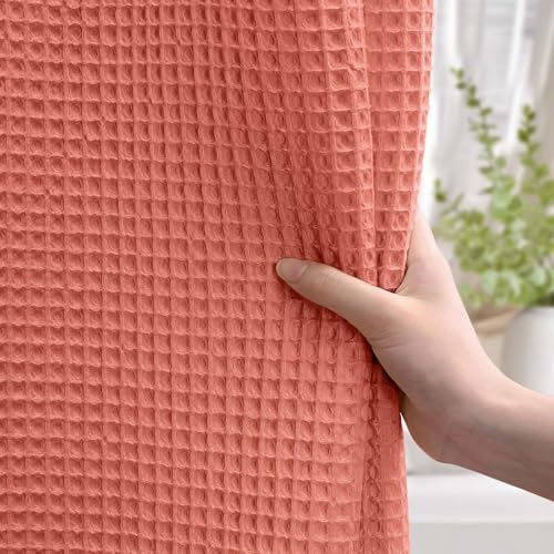 Waffle Weave Shower Curtain Heavyweight Cotton Fabric Coral 72Wx72L