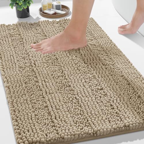 Yimobra Bathroom Rug Mat 32 x 20, Non Slip and Super Absorbent Bath Mat,Machine Washable Quick Dry,Ultra Plush Chenille Shower Rugs for Bathroom Floor Sink Tub and Shower Outside,Camel