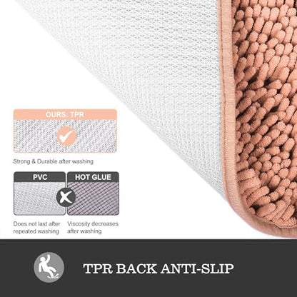 Yeaban Chenille Dusty Pink Bathroom Rug 26"x44", Non-Slip Rubber Backing