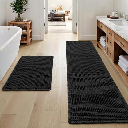 MIULEE Set of 2 Waffle Bathroom Rugs Boho Bath Mat Black 17"x24"+17"x48"