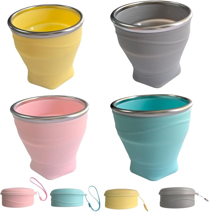Collapsible Cup, 4Pack 8.8oz 260ml Foldable Travel Mini Coffee Mug, BPA Free Silicone Water Cup and Lid with Stainless Steel Rim, Portable Pocket Cup for Outdoor, Hiking, Camping & Kids
