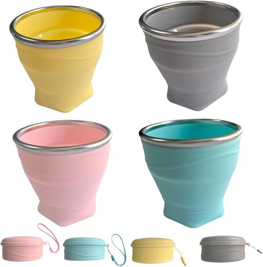 Collapsible Cup, 4Pack 8.8oz 260ml Foldable Travel Mini Coffee Mug, BPA Free Silicone Water Cup and Lid with Stainless Steel Rim, Portable Pocket Cup for Outdoor, Hiking, Camping & Kids