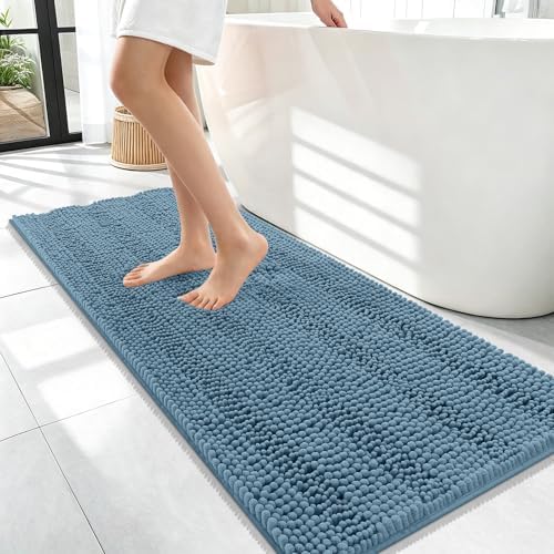 OLANLY Thick Bathroom Runner Rugs 47x17, Soft Chenille Bath Rugs, Airy Blue