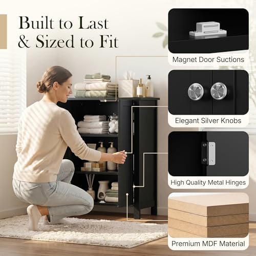 ZENY Bathroom Floor Storage Cabinet with Double Door + Adjustable Shelf, Wooden Organizer Cabinet for Living Room, Bathroom, Bedroom, Modern Home Furniture (Black)