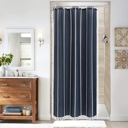 Boho Farmhouse Tassel Linen Shower Curtain,3D Embroidery Stripe Navy,36x72
