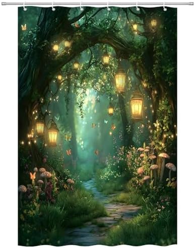 Fantasy Forest Path Shower Curtain Fairy Magical Enchanted Misty Jungle Mushroom Floral Tree Butterfly Lantern Wonderland Bath Curtain Fabric Bathroom Accessories Decor with Hooks 47W x70L
