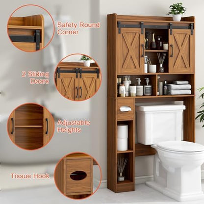 Vabches Over The Toilet Storage Cabinet with Sliding Doors, Caramel