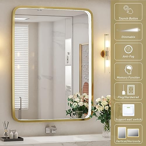 28x36 Inch LED Gold Frame Lighted Bathroom Mirror,3-Color