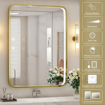 28x36 Inch LED Gold Frame Lighted Bathroom Mirror,3-Color