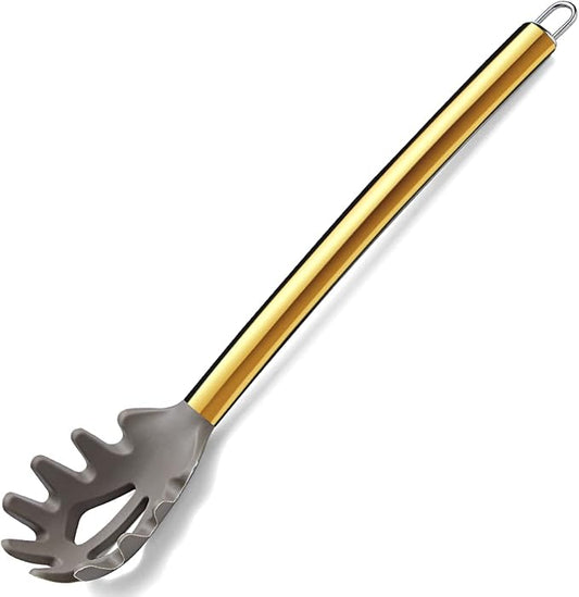 Gold Spaghetti Spoon, Berglander Non-stick Silicone Pasta Server With Titanium Gold Plating Handle, Spaghetti Server For Cooking, Pasta Fork, Noddle Fork, Dishwasher Safe, Easy to Clean