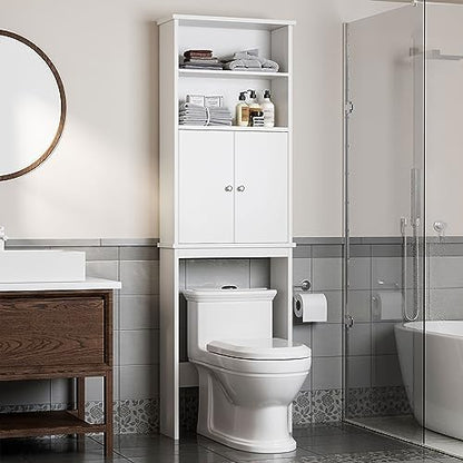 Shintenchi Over the Toilet Storage Cabinet, Bathroom Above the Toilet Rack, Bathroom Adjustable Shelf Organizer with Open Bottom Bar and Anti-Tip Device, White