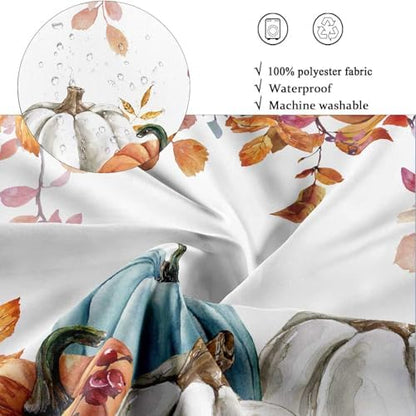 Fall Pumpkin Shower Curtain, Thanksgiving Autumn Maple Leaves Watercolor Floral Harvest Boho Bathroom Curtains with Hooks for Bathroom Bathtubs Decor, Waterproof Polyester Fabric 47x64