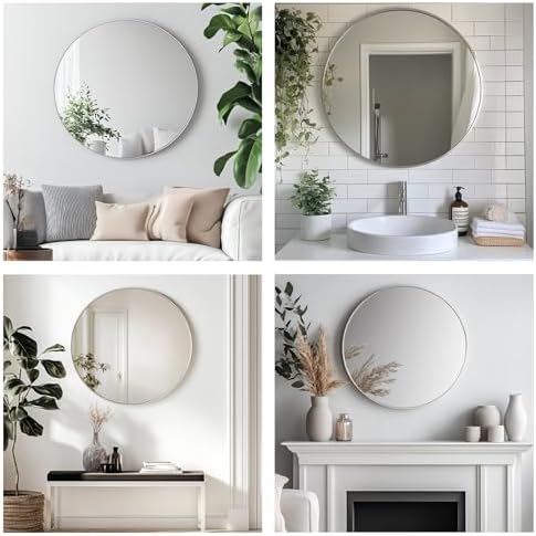 Oruii Round Mirror, 26 inch Silver Circle Mirror,Bruhsed Nickel Metal Frame