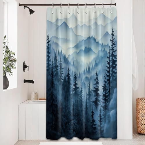 Navy Blue Forest Stall Shower Curtain, 48X72 in Narrow Small, Mountain