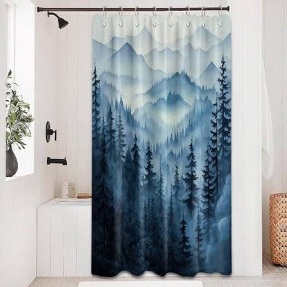 Navy Blue Forest Stall Shower Curtain, 48X72 in Narrow Small, Mountain