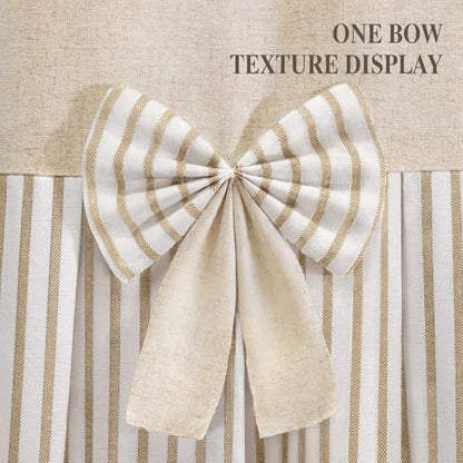 Farmhouse Shower Curtain Linen Bow Pleated Beige Stripe 72"W x 75"L