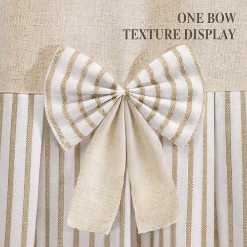 Farmhouse Shower Curtain Linen Bow Pleated Beige Stripe 72"W x 90"L