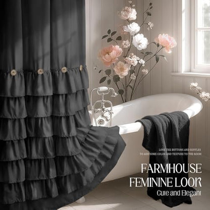 Ruffle Farmhouse Shower Curtain, Black Vintage Shower Curtains for Bathroom Fabric Cute Rustic Cloth, 72" W X 78" L Inch