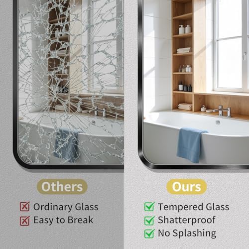 Koonmi Bathroom Mirror for Wall, 36"x60" Black Bathroom Mirror for Over Sink, Shatterproof Tempered Glass Vanity Mirror with Anti-Rust Aluminum Alloy Frame, Hang Horizontally or Vertically, Black