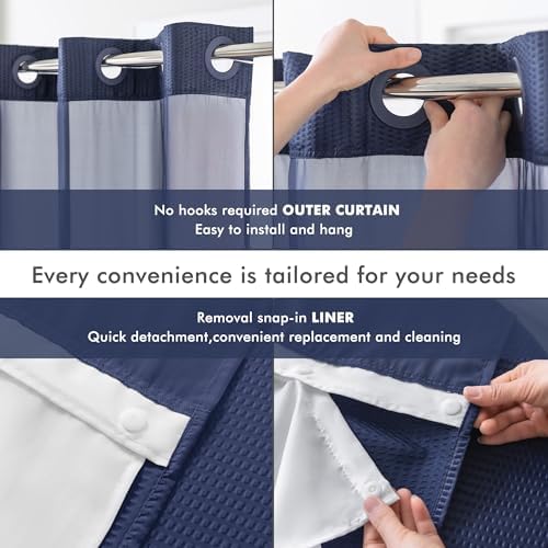 Mrs Awesome No Hook Navy Shower Curtain with Snap-in Fabric Liner 71x74