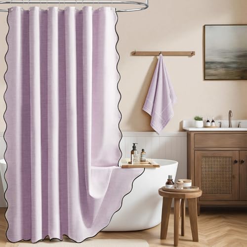 BTTN 72x78 Boho Scalloped Linen Textured Cloth Shower Curtain Set, Lavender