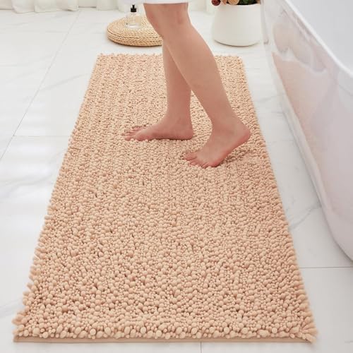 Bathroom Rugs Non Slip Washable 60x24, Extra Thick Soft Chenille Absorbent Bath Mat, High Density Barrier Non Slip Backing, Quick Dry Plush Shaggy Floor Carpet for Tub&Shower, Beige