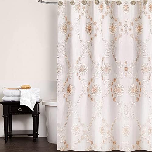 Zahari Home 13pc Rose Vine Bathroom Sheer Shower Curtain Sets Sheer Shower Curtain & 12 Shower Bathroom Hooks Modern Classic Luxury Contemporary Decor Beige Shower Curtain Set