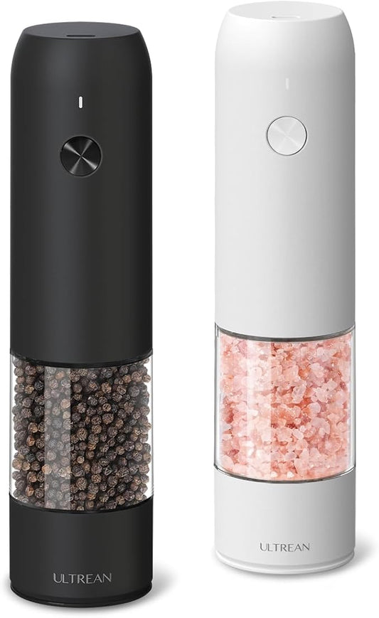 Ultrean Pepper Grinder, Rechargeable Salt and Pepper Grinder Set with 6 Adjustable Coarseness, LED Light, Automatic Grinder for Kitchen, House Warming Gifts New Home, White&Black