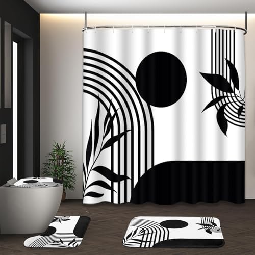 Bathroom Sets with Shower Curtain and Rugs, 4 Pcs, Boho Minimalist