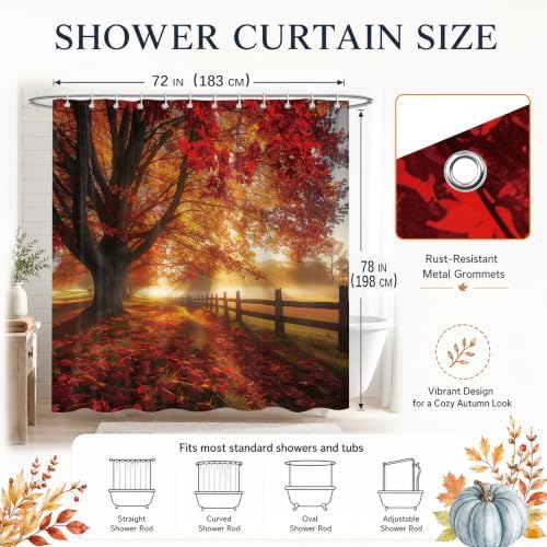 Red Maple Forest Shower Curtain, 72 x 78 Inch Waterproof Polyester Fall Landscape Bathroom Curtain, Autumn Tree Sunrise Woodland Bath Curtain for Tub Decor