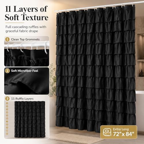Black Gothic Shower Curtain for Bathroom, Extra-Long 72 x 84 inch, Ruffle