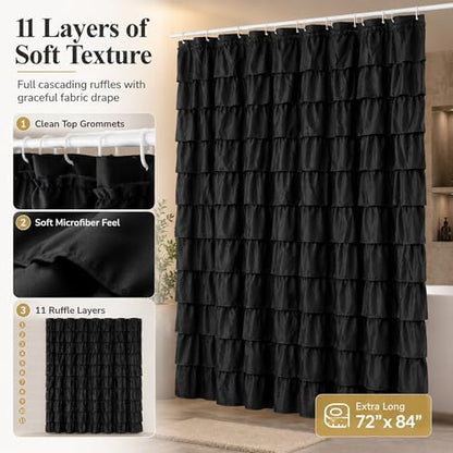 Black Gothic Shower Curtain for Bathroom, Extra-Long 72 x 84 inch, Ruffle