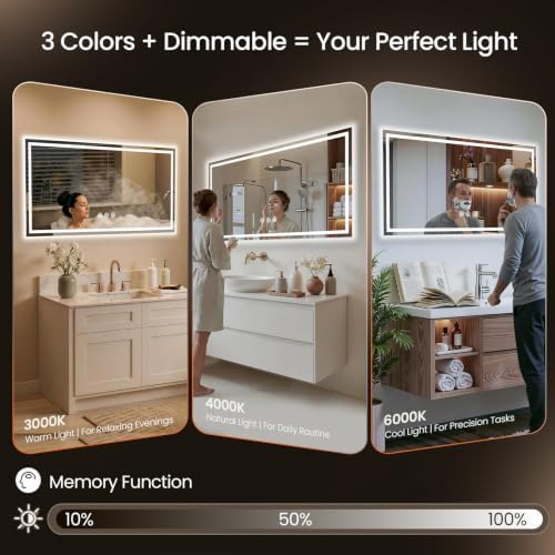 48"x32" LED Bathroom Mirror with Anti-Fog, Backlit & Front Lights, Memory