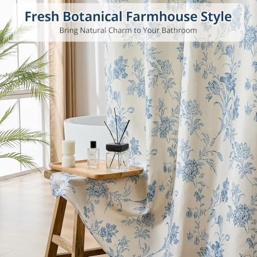 Warmstar Farmhouse Shower Curtain,Blue Floral Shower Curtain for Bathroom Linen Look Vintage Shower Curtain with Weighted Hem,72" W x 84" L