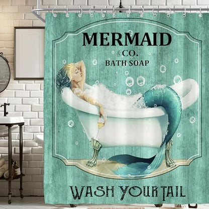 Teal Vintage Mermaid Shower Curtain for Bathroom 72W*72H Inch Little Teal Green Mermaid Wash Your Tail Bathtub Decor Funny Ocean Bathtub Bubbles Wood Aesthetic Waterproof Polyester Fabric
