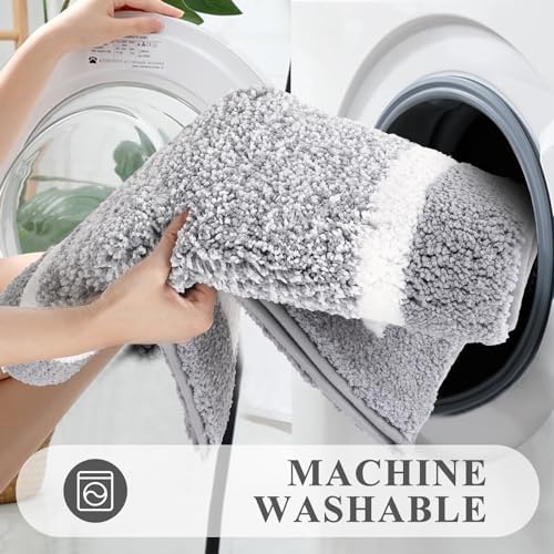 Pauwer 3 Piece Bathroom Rug Set, Non Slip Washable Bath Mat, Light Grey