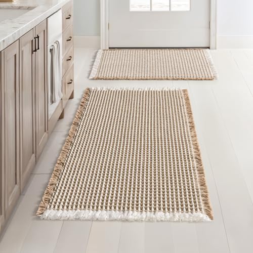 MIULEE Set of 2 Waffle Bathroom Rugs Brown&White Bath Mat 17"x24"+18"x30"