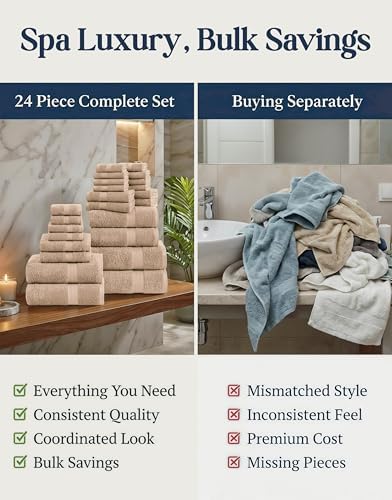 LANE LINEN Towel Set Quick Dry 100% Cotton 24 Piece Soft Absorbent - Beige