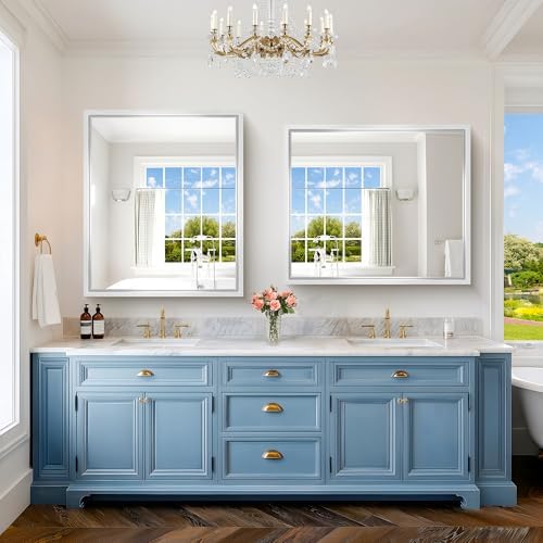 Bathroom Mirror, 42 x 36 Inch Brushed Silver Rectangle Mirror, 0.6" Thickened Deep Metal Frame Rectangular Vanity Mirror, Wall Mounted Mirror for Bedroom Living Room, Horizontal or Vertical