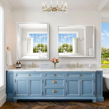Bathroom Mirror, 42 x 36 Inch Brushed Silver Rectangle Mirror, 0.6" Thickened Deep Metal Frame Rectangular Vanity Mirror, Wall Mounted Mirror for Bedroom Living Room, Horizontal or Vertical