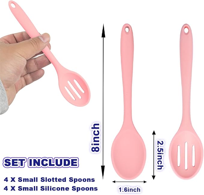 8 Pcs Heat Resistant Non Stick Silicone Serving Spoons Set -Ideal for Cooking, Baking, Mixing, Stirring Includes Slotted & Solid Spoons, Design for Nonstick Cookware (Pink)