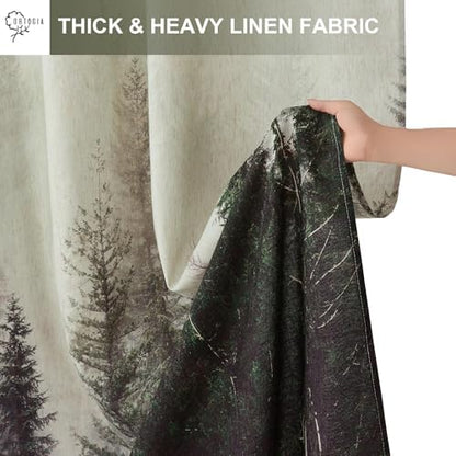 ORTIGIA Green Misty Forest Linen Shower Curtain Nature Mountain Tree Woodland Shower Curtain Set for Bathroom Heavy Blend Fabric Curtains with 10 Metal Hooks 60x72 Inch