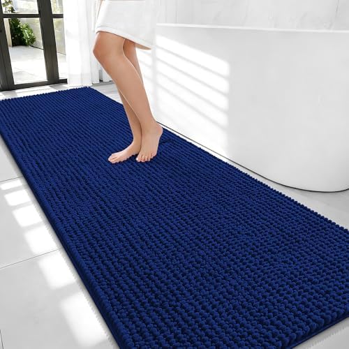 OLANLY Thick Chenille Bathroom Runner Rugs 70x24, Absorbent Bath Mat, Navy