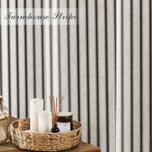 Farmhouse Striped Shower Curtain Black Vintage Linen Curtain 72"W X 72"L