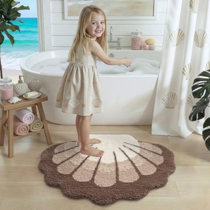 DEXI Cute Seashell Bath Mat, Coastal Scallop Bathroom Rug, 38x30 Beige