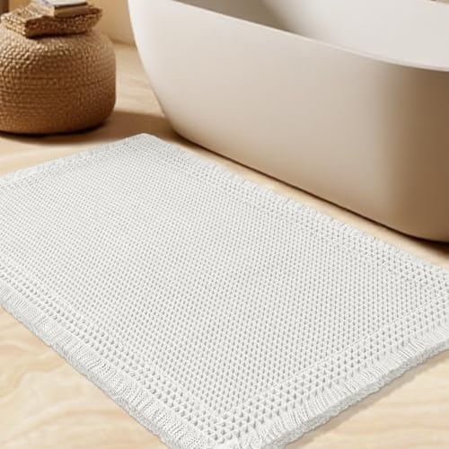 Upgrade Waffle Bath Mat, Boho Bathroom Rugs Absorbent Non Slip, Ultra Soft Bathroom Mat, Machine Washable Knit Bath Rugs with Border for Bathroom, Bedroom, Kitchen, Shower, Tub, 36"x24", White