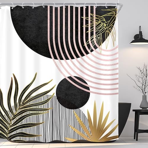 Mid Century Black Pink Boho Abstract Modern Bathroom Shower Curtain Set