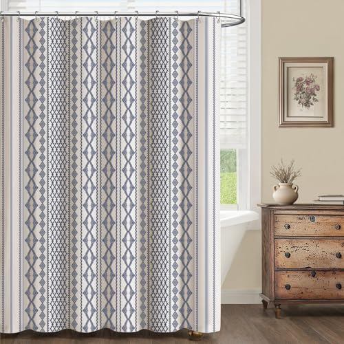 Navy Blue Boho Linen Shower Curtain,72" W x 72" L